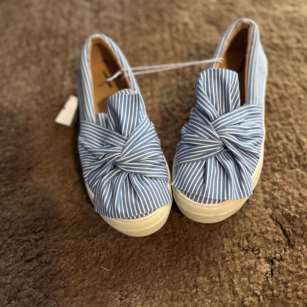 Blue and White Striped Bow Slip-On Shoes